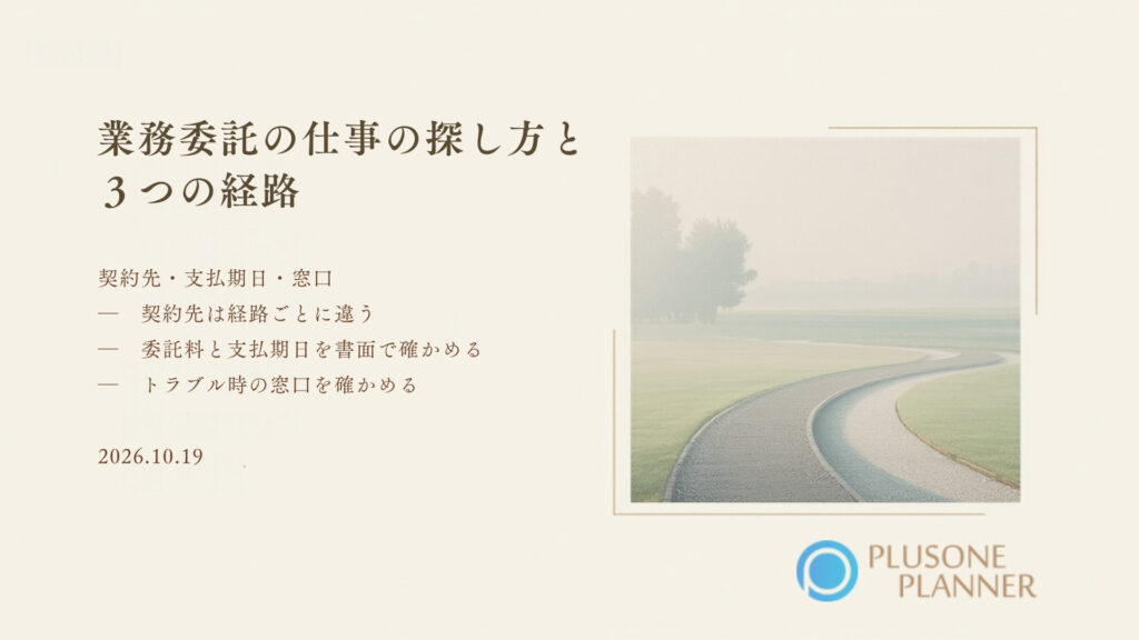 生成りの背景に「業務委託の仕事の探し方と3つの経路」の題字と「契約先・支払期日・窓口」の副題、「契約先は経路ごとに違う」「委託料と支払期日を書面で確かめる」「トラブル時の窓口を確かめる」の3項目、右下にプラスワン・プランナーのロゴ