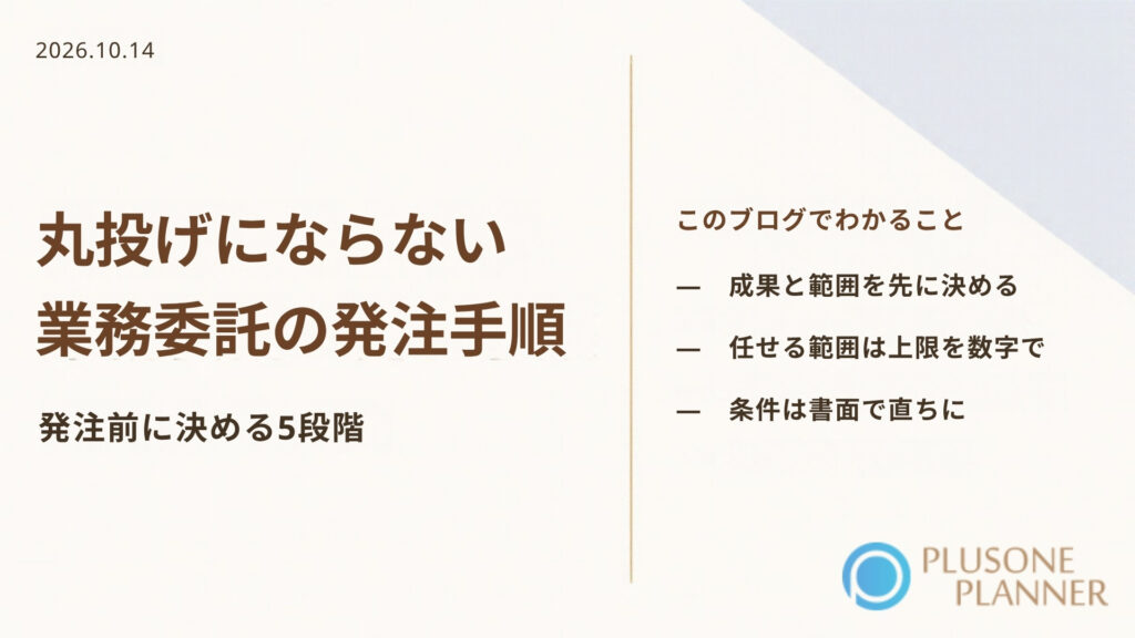 生成りの背景の右上に淡いグレーブルーの三角形、左に「丸投げにならない 業務委託の発注手順」の題字と「発注前に決める5段階」、右に「成果と範囲を先に決める」「任せる範囲は上限を数字で」「条件は書面で直ちに」の3項目、右下にプラスワン・プランナーのロゴ