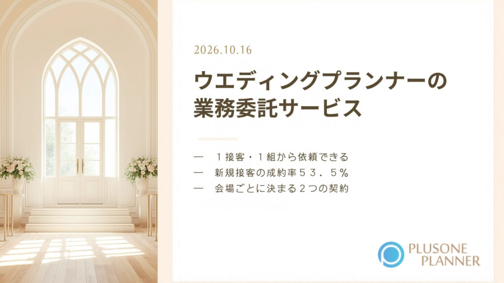 左に白いチャペルの写真、右の生成りの面に「ウエディングプランナーの業務委託サービス」の題字と、「1接客・1組から依頼できる」「新規接客の成約率53.5%」「会場ごとに決まる2つの契約」の3項目、右下にプラスワン・プランナーのロゴ